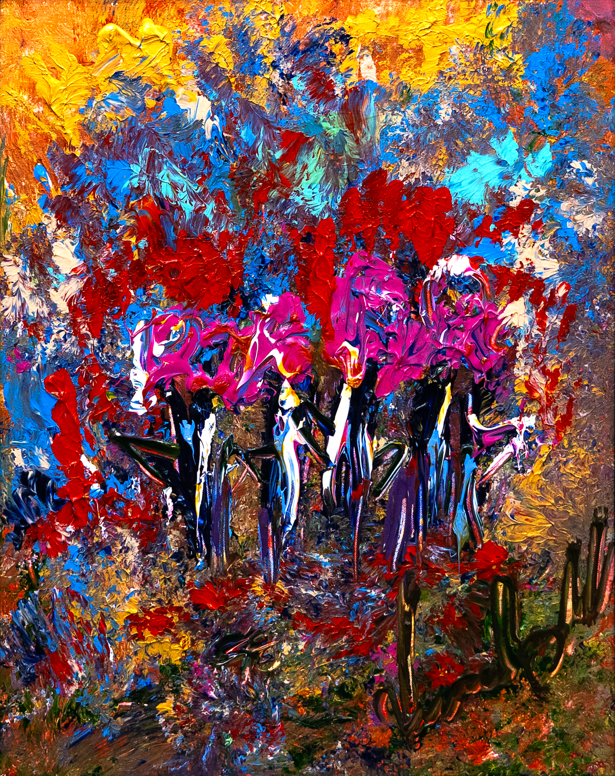 Ain Itnai — by Veronica Ruiz de Velasco: a palette-knife floral tangle of scarlet and magenta blooms beneath yellow, sky blue and turquoise