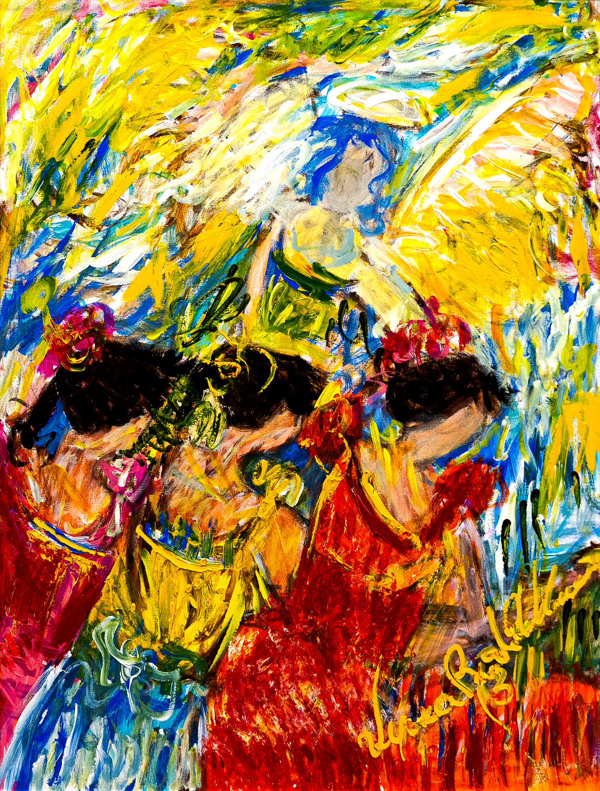 Angel Dance — by Veronica Ruiz de Velasco: two women in red dresses with floral hair ornaments and a hazy hovering figure against blazing yellow