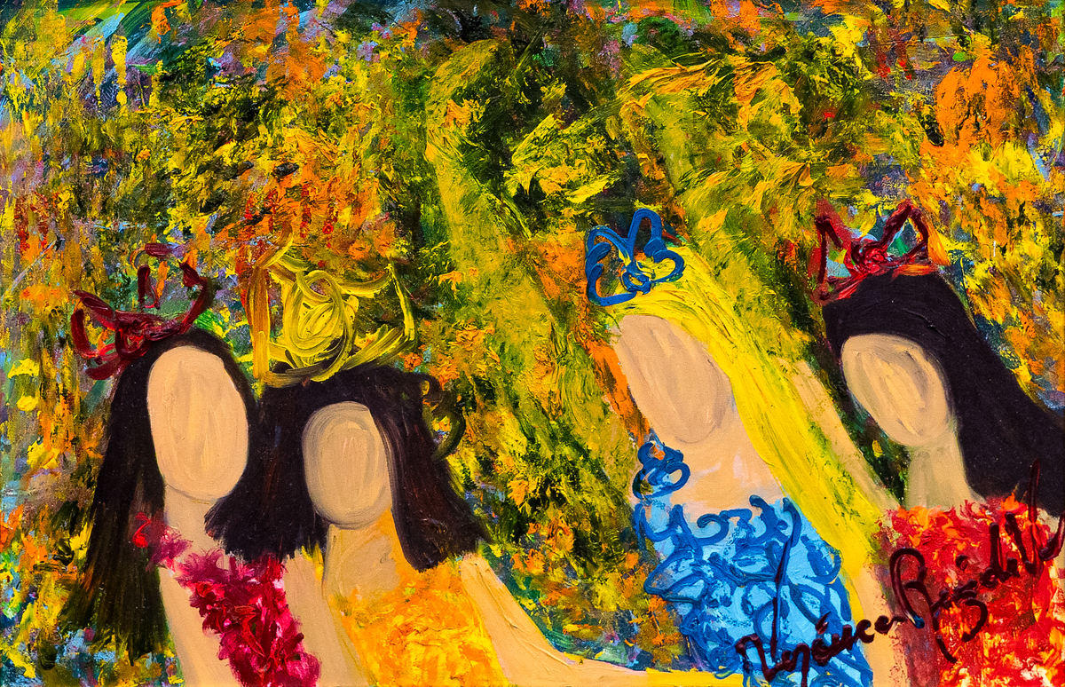 Bella Friends Dancer — by Veronica Ruiz de Velasco: four women seen from behind against yellow, gold and olive-green foliage brushwork