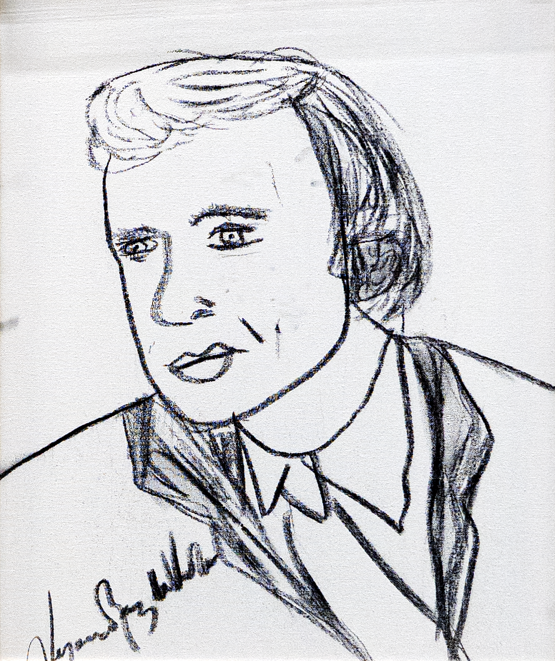 Donald John Trump 2022 — by Veronica Ruiz de Velasco: a black charcoal-style line portrait of a man in three-quarter view on white