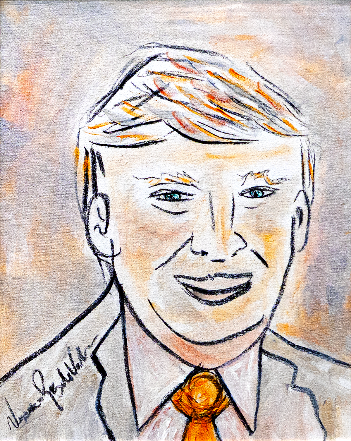 Donald Trump — by Veronica Ruiz de Velasco: a smiling head-and-shoulders portrait in a gray suit and orange tie on a soft gray ground