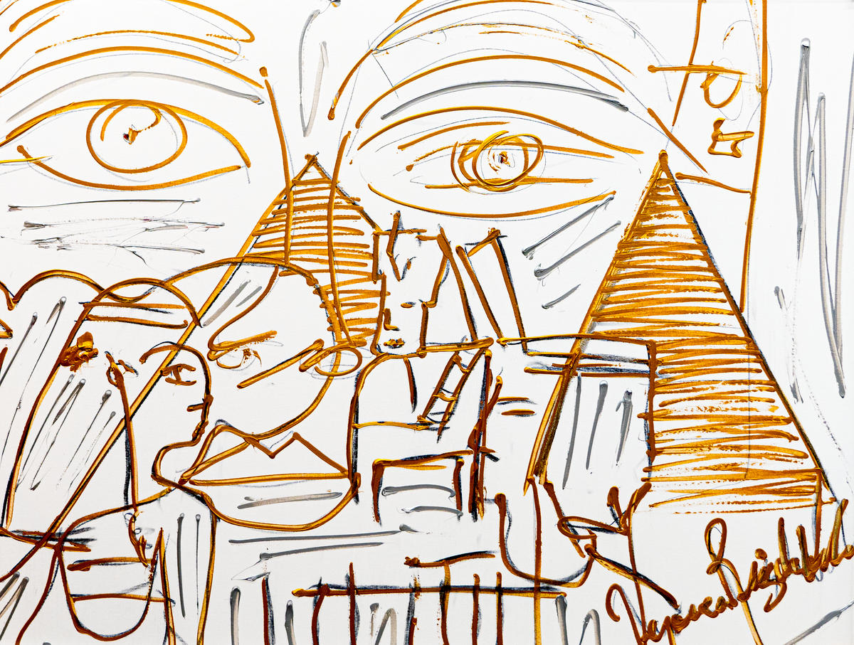 Egypt — by Veronica Ruiz de Velasco: gold ochre line drawing of two large eyes and two pyramids on white