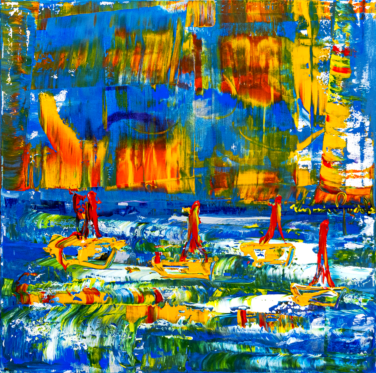 Evening — by Veronica Ruiz de Velasco: a blue wall with orange and amber patches above a band of water with small boats and white foam strokes
