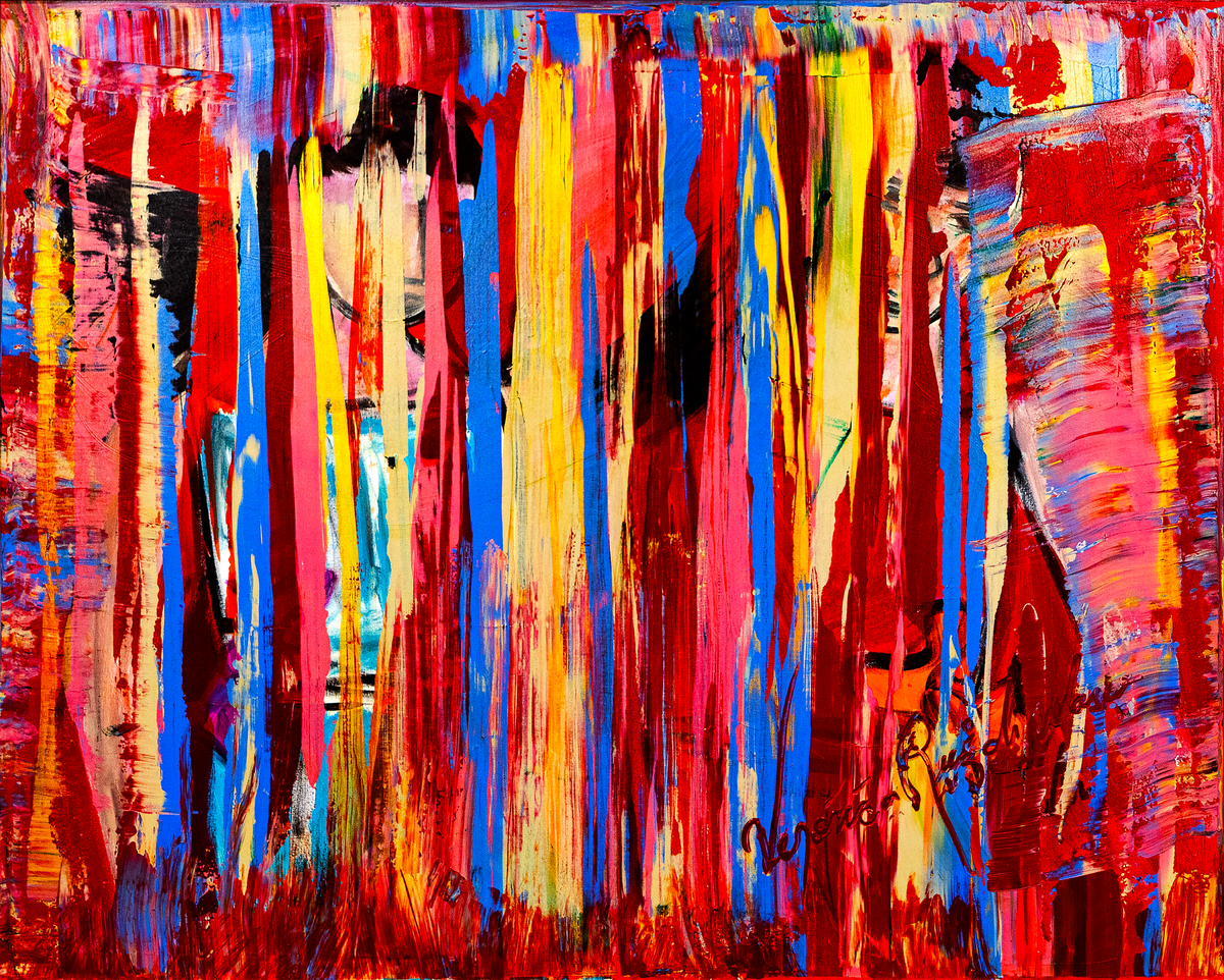 Fine us — by Veronica Ruiz de Velasco: a curtain of red, gold and blue drips over a faint head and shoulders