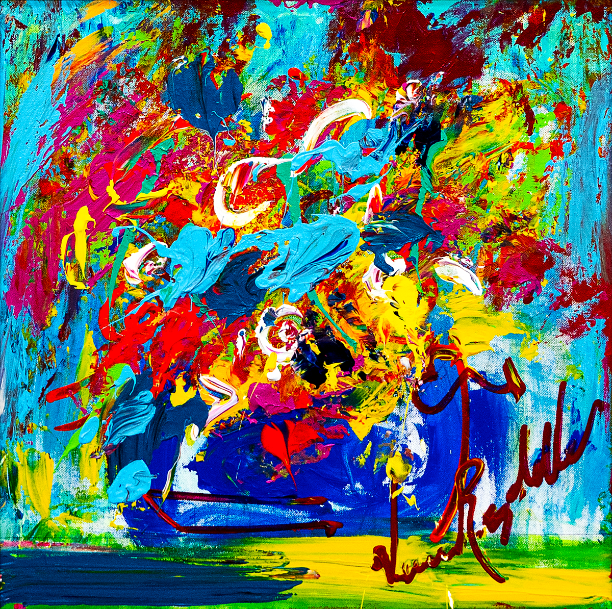 Flores — by Veronica Ruiz de Velasco: an exploding bouquet of turquoise and teal petals over crimson, magenta and gold with a cobalt base