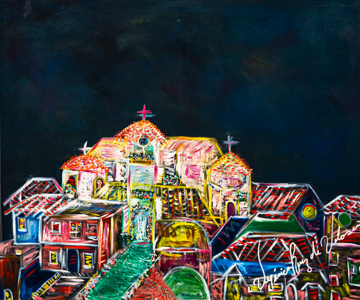 Greece — by Veronica Ruiz de Velasco: a hillside village with whitewashed walls, terracotta roofs and a pink-crossed chapel against a night sky