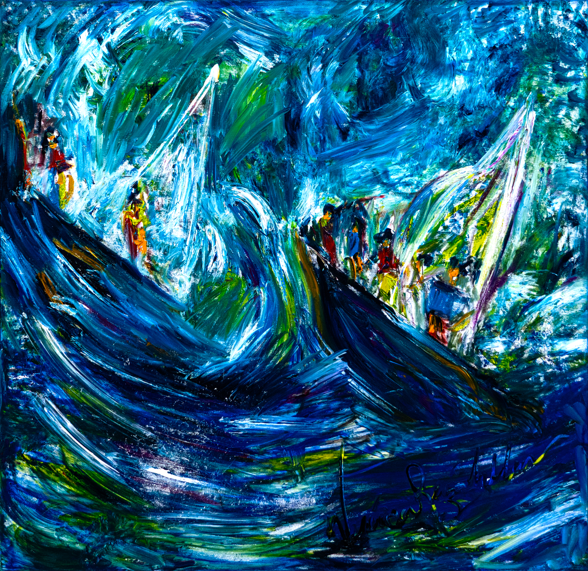 Having Fun — by Veronica Ruiz de Velasco: sweeping teal, cobalt and seafoam ribbons like windblown water with small figures along a dark navy ridge