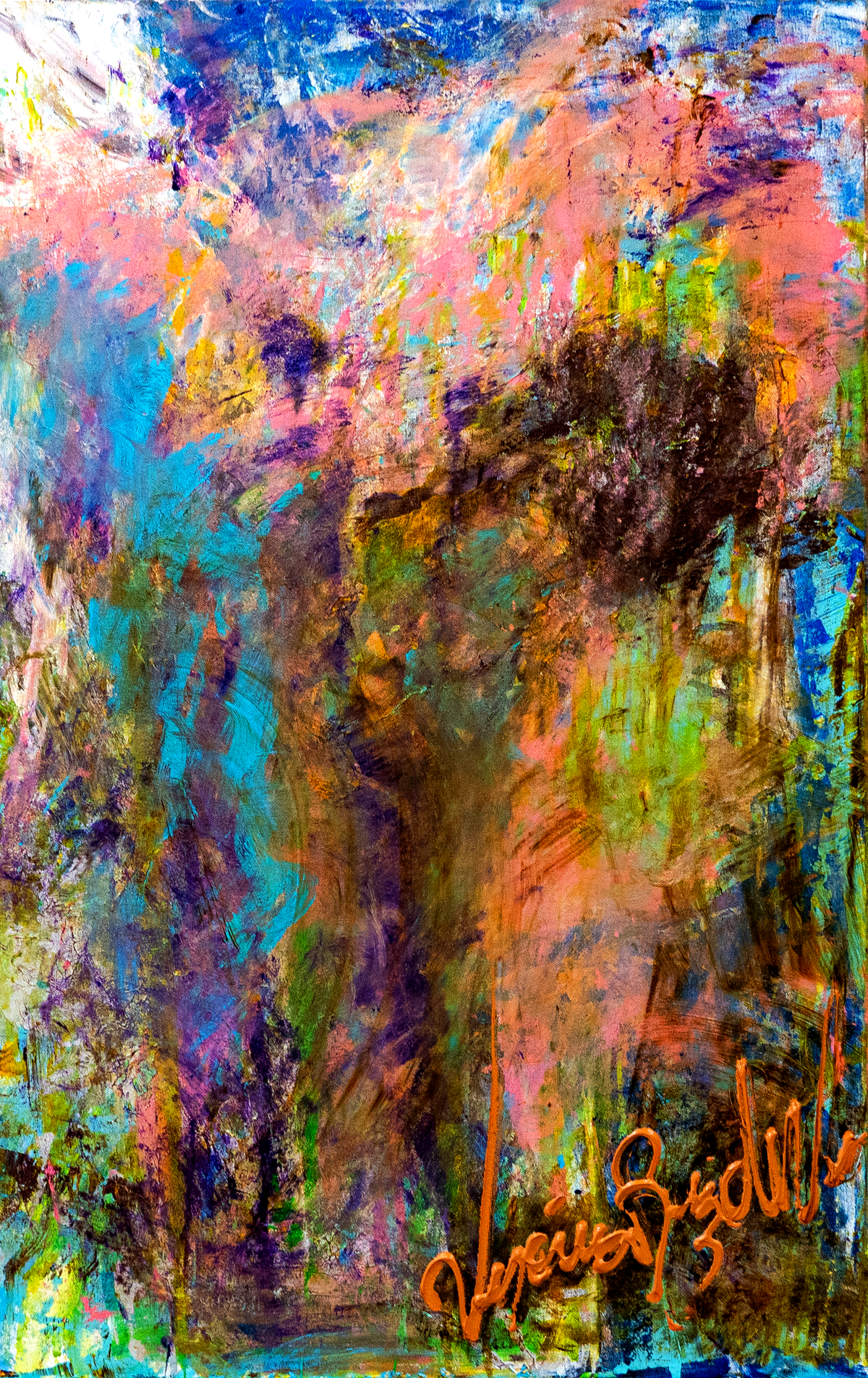 I'm Here — by Veronica Ruiz de Velasco: a dark olive and violet column amid washes of coral pink, sky blue and gold dripping downward