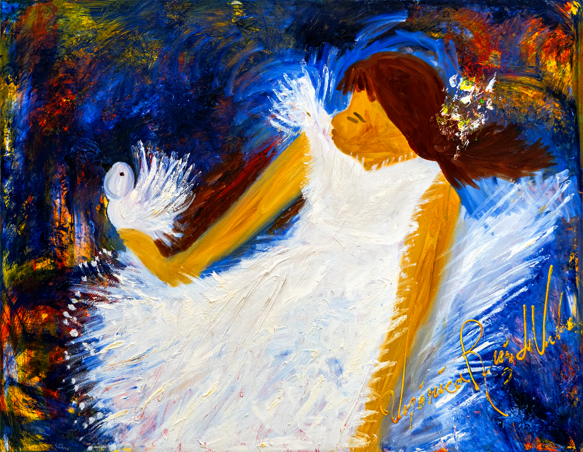 Juanita — by Veronica Ruiz de Velasco: a young woman in a white dress with auburn hair holding a white dove close to her face
