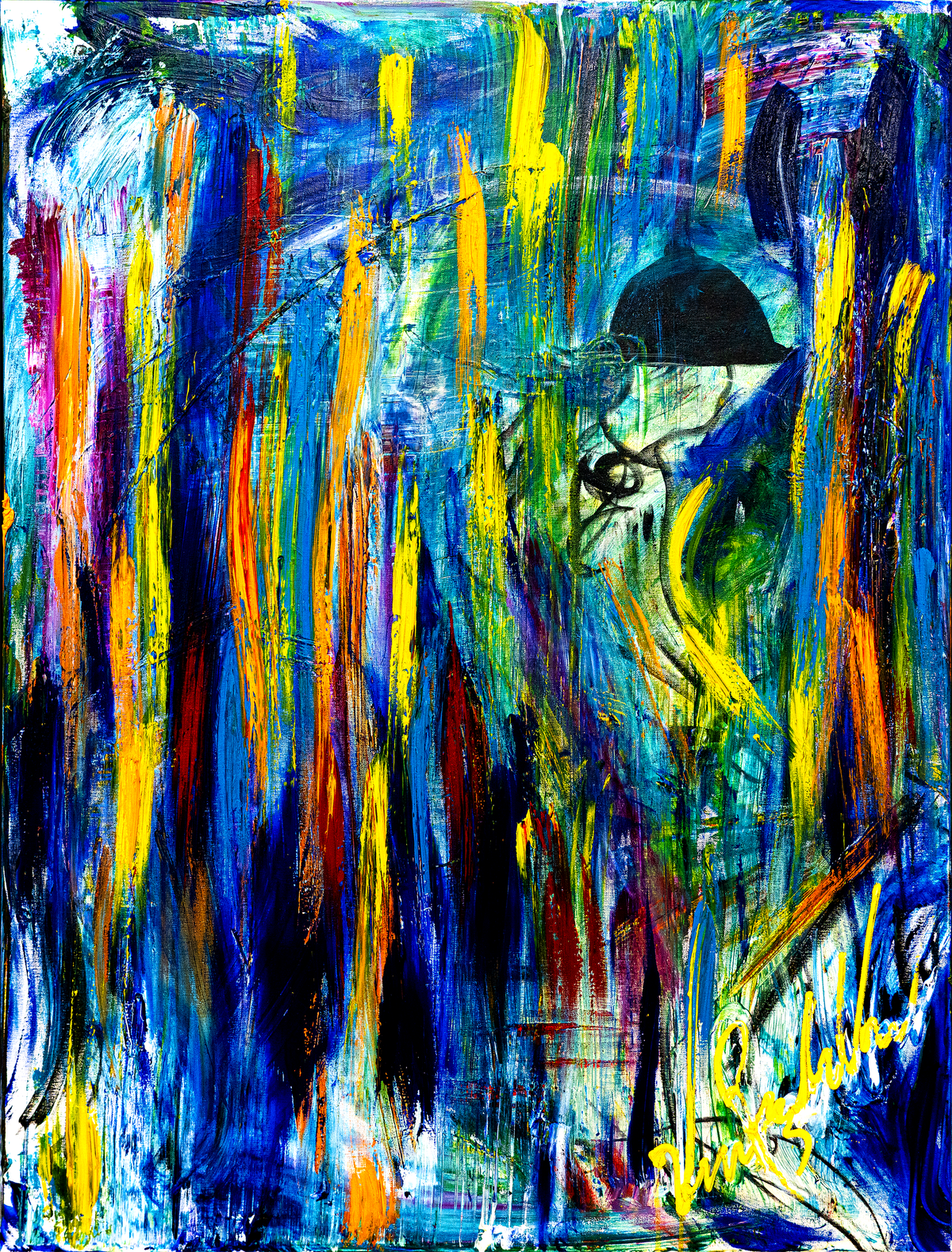 Jumping Horse — by Veronica Ruiz de Velasco: vertical curtains of cobalt, teal, gold and burnt orange with a dark domed horse form and a rider's cap