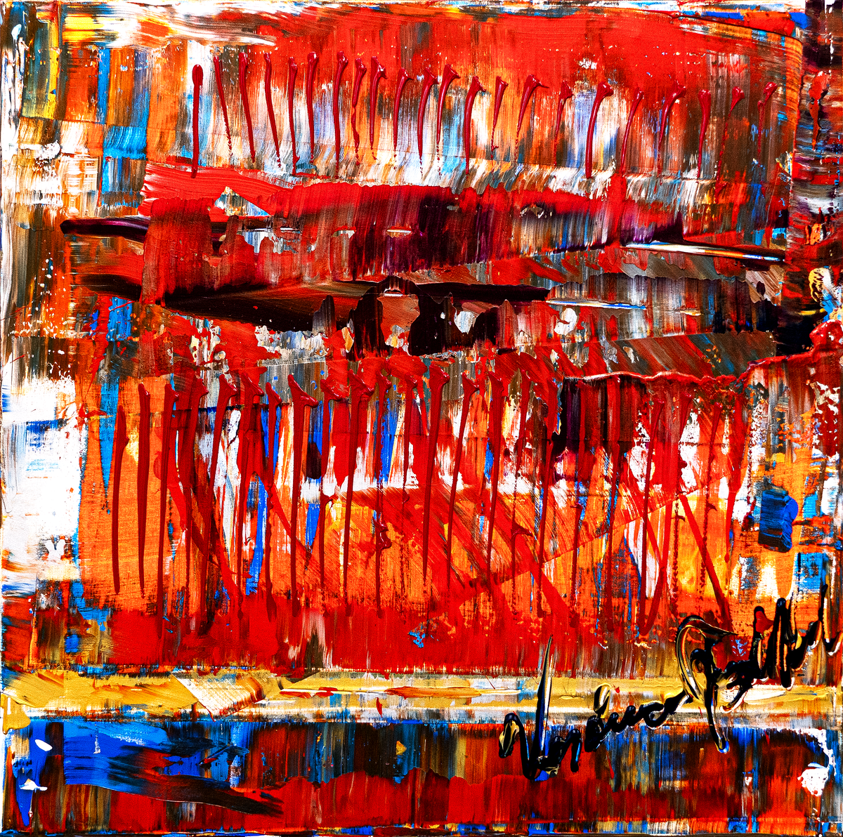 Just Been Happy — by Veronica Ruiz de Velasco: scraped hot red with gold, cerulean and charcoal edges and two bands of drips