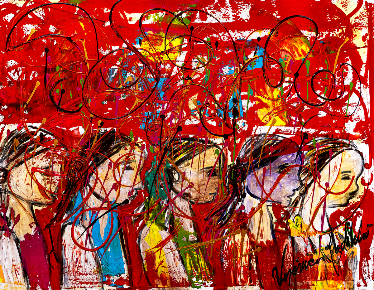 Just Friends — by Veronica Ruiz de Velasco: five faces inclined together in profile on a scraped crimson field