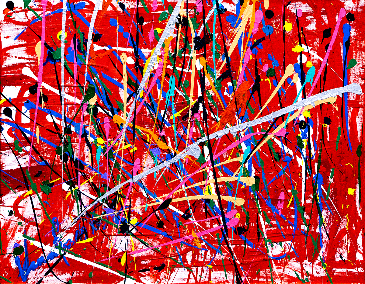 Just Hanging Things — by Veronica Ruiz de Velasco: a tangle of blue, magenta, gold and white drips over a saturated red ground with pale arcs