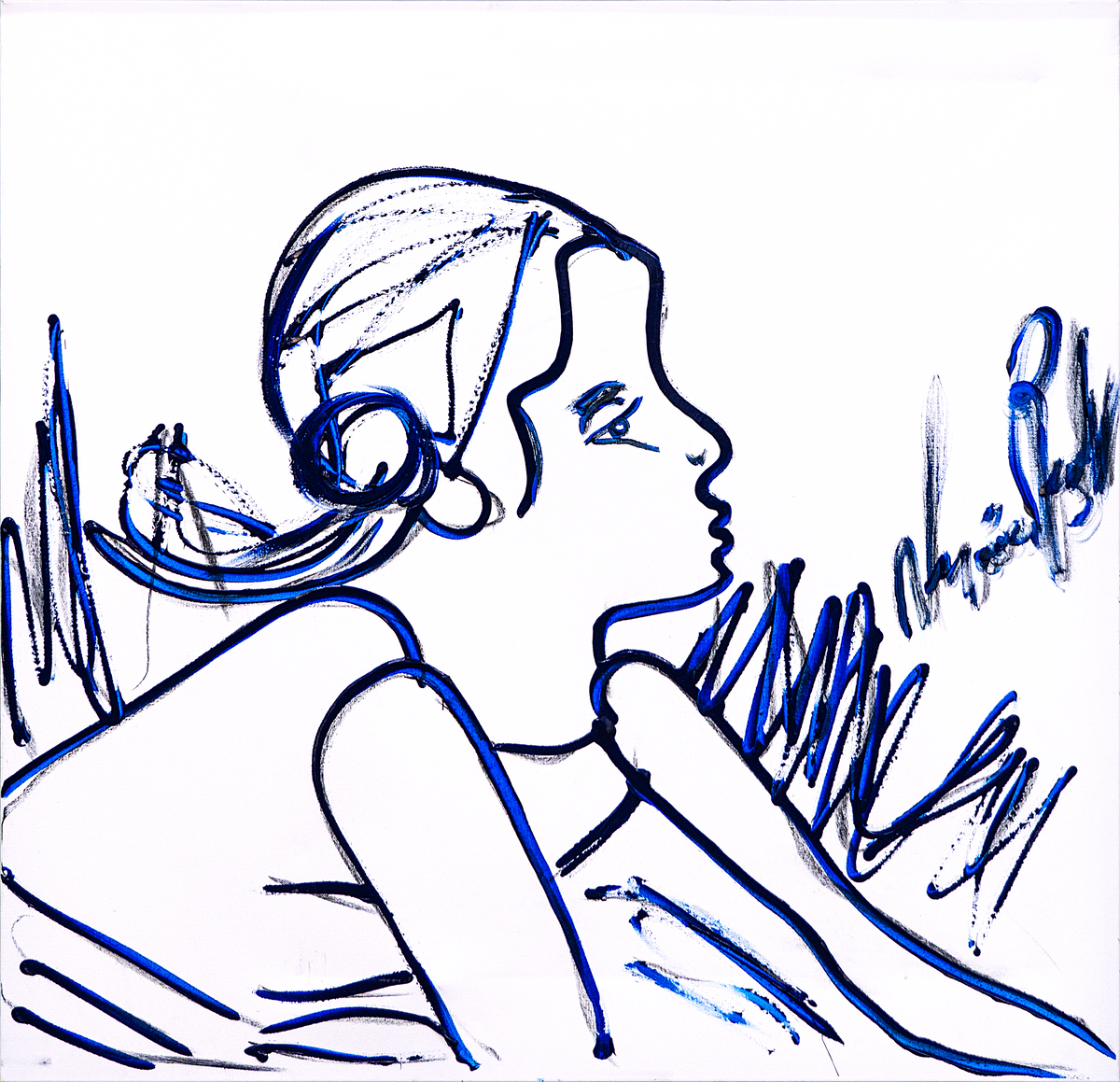 Just Thinking — by Veronica Ruiz de Velasco: a woman in profile with her chin lifted drawn in cobalt and navy line on white