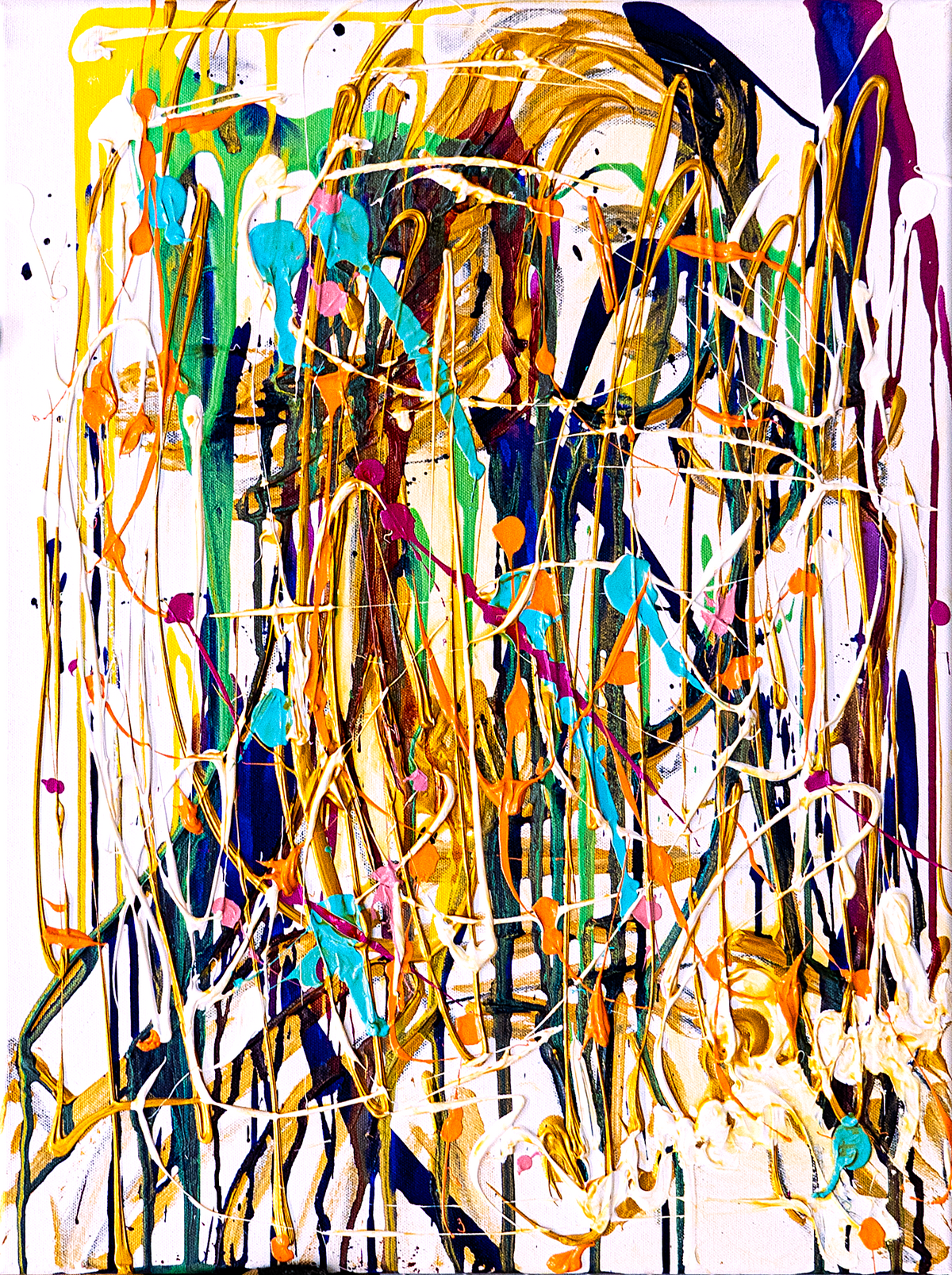 Just a Painting — by Veronica Ruiz de Velasco: an all-over skein of ochre, gold, navy and black drips and flicked lines on white