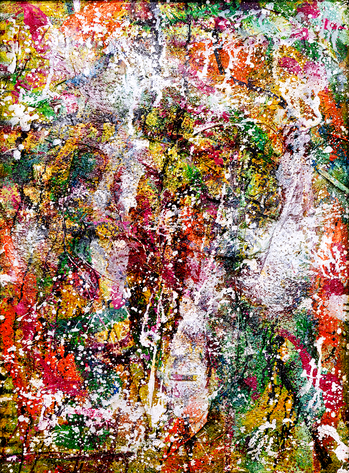 La alegría del cine — by Veronica Ruiz de Velasco: a dense encrusted field of crimson, gold, ochre and green spattered with white