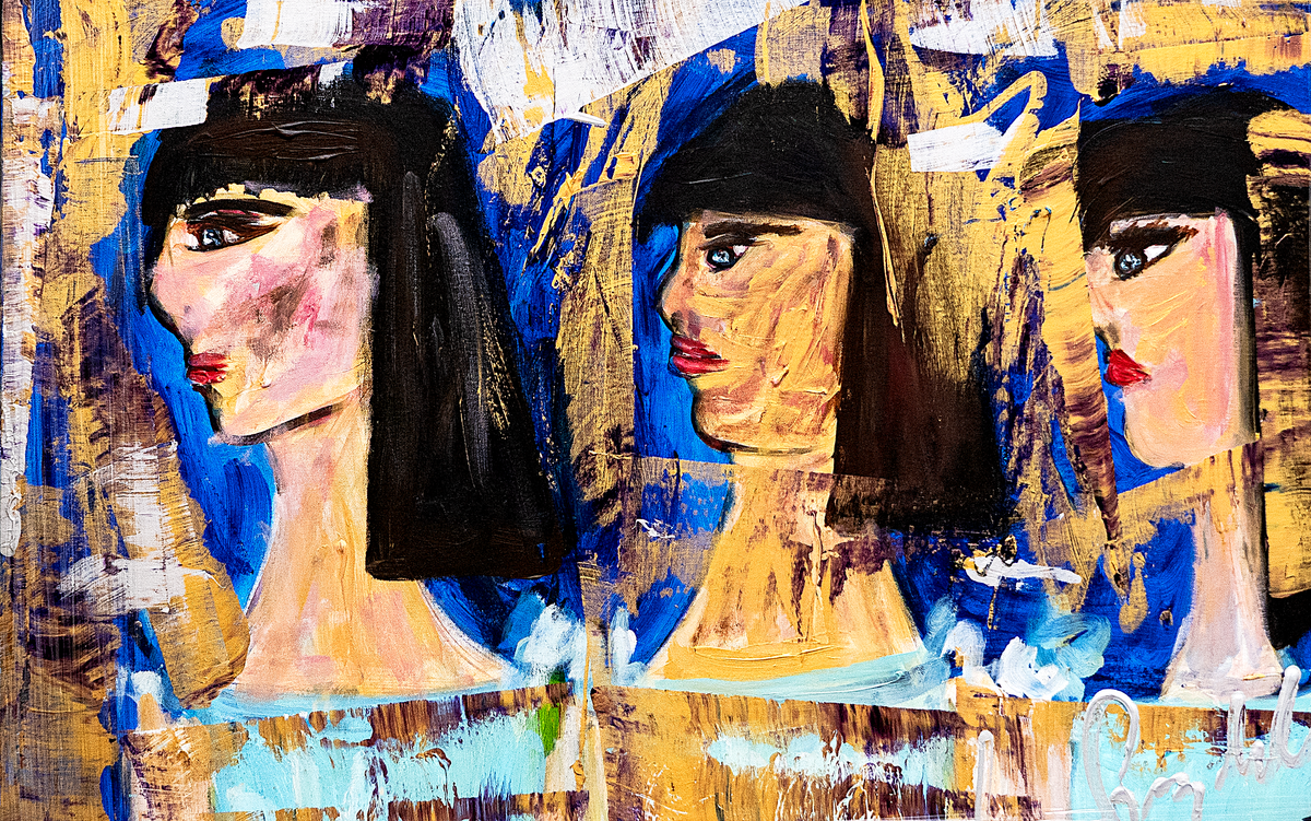 Las Cleopatras — by Veronica Ruiz de Velasco: three women in profile with blunt dark bobs and fringes against ochre and cobalt strokes