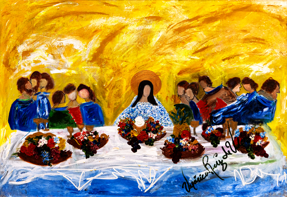 Last supper — by Veronica Ruiz de Velasco: a haloed figure at a long white-draped table flanked by companions, with baskets of fruit on a golden ground