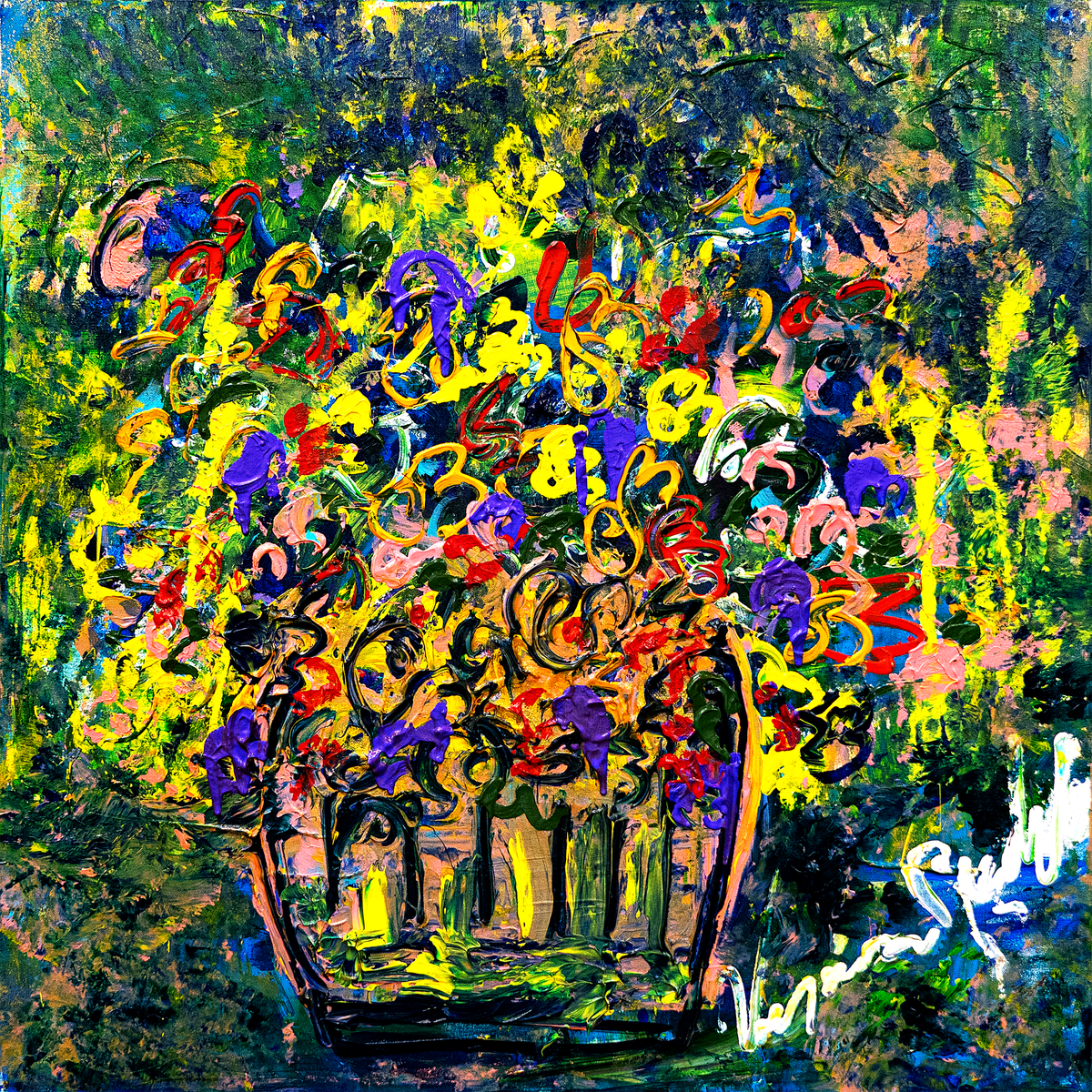 Lovely Bouquet of Flowers — by Veronica Ruiz de Velasco: an overflowing bouquet in a dark basket of violet, crimson and marigold before green and gold foliage