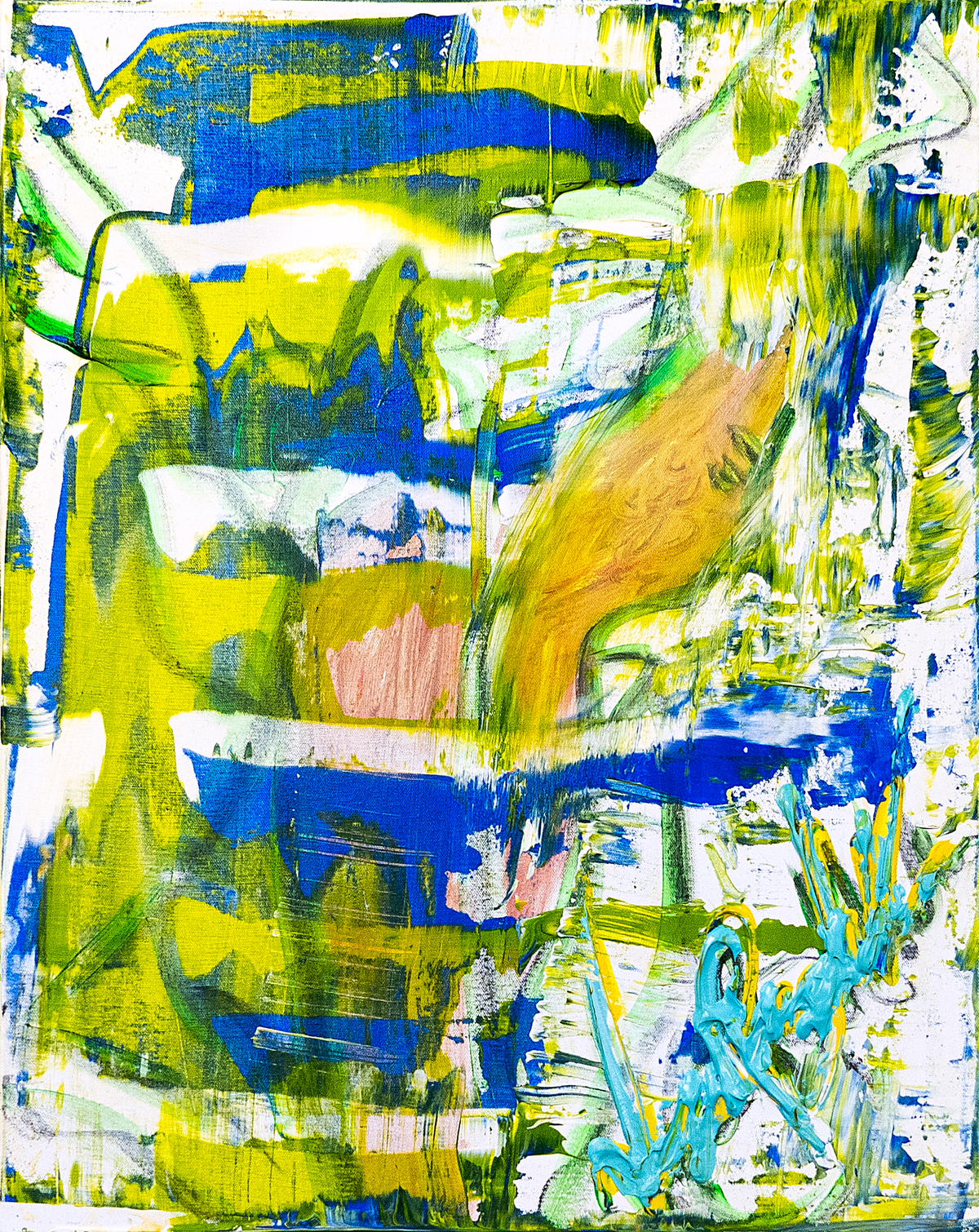 Mami — by Veronica Ruiz de Velasco: wide bands of chartreuse and cobalt dragged over raw canvas with an ochre-gold curve