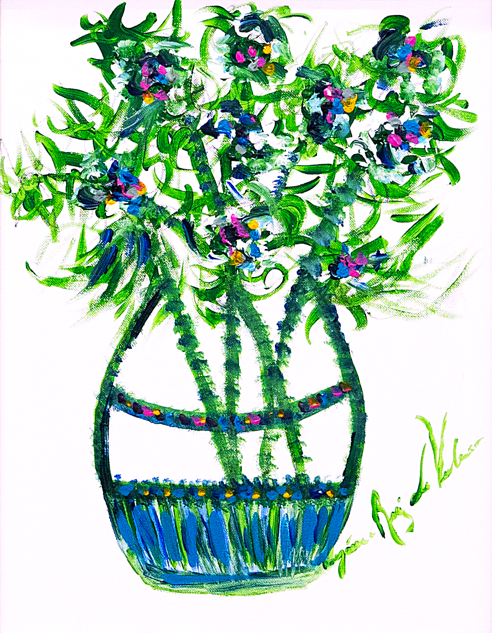 Mami Flowers 2020 — by Veronica Ruiz de Velasco: a spray of small blooms in a jade green glass vase on a white ground