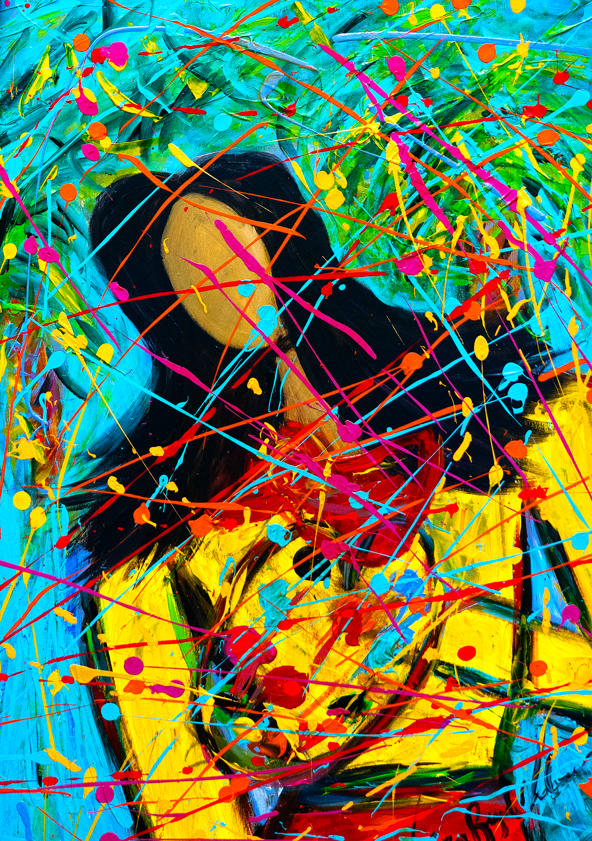 Me 2023 — by Veronica Ruiz de Velasco: a face and shoulders in black contour with a yellow garment on turquoise under colorful drips and splatter
