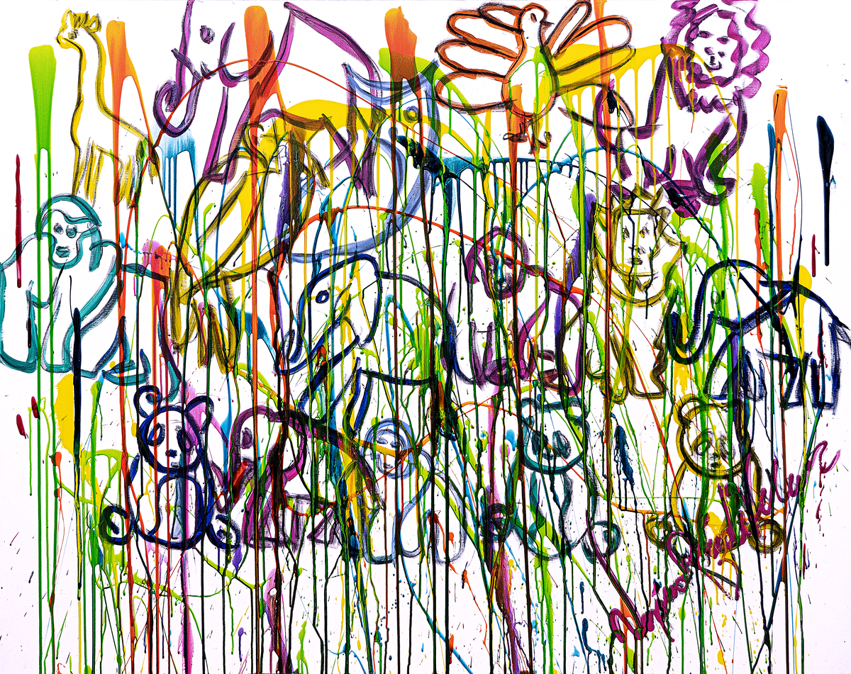 Mis mascotas — by Veronica Ruiz de Velasco: looping outlined animals including a giraffe, elephant, bird and monkey in colorful drips on white