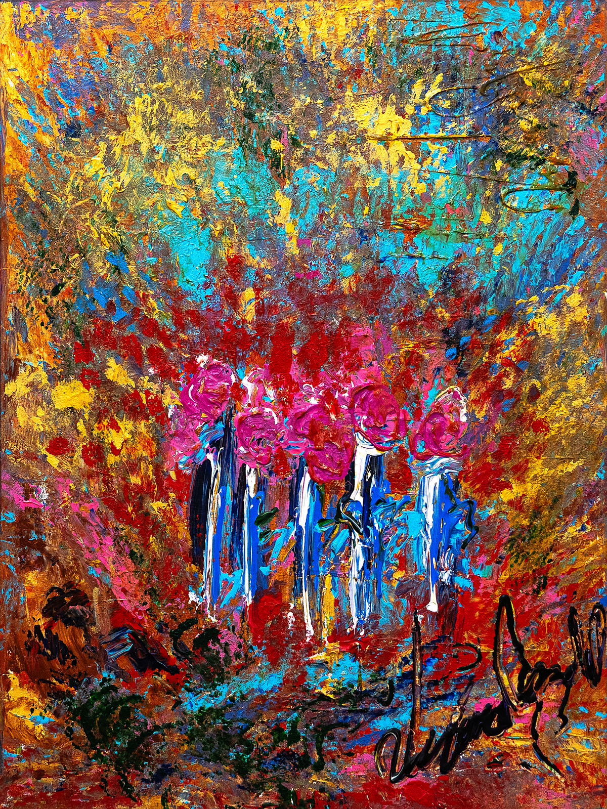 My infinity love — by Veronica Ruiz de Velasco: fuchsia and magenta roses on tall dripping blue stems against a blazing yellow, turquoise and crimson ground
