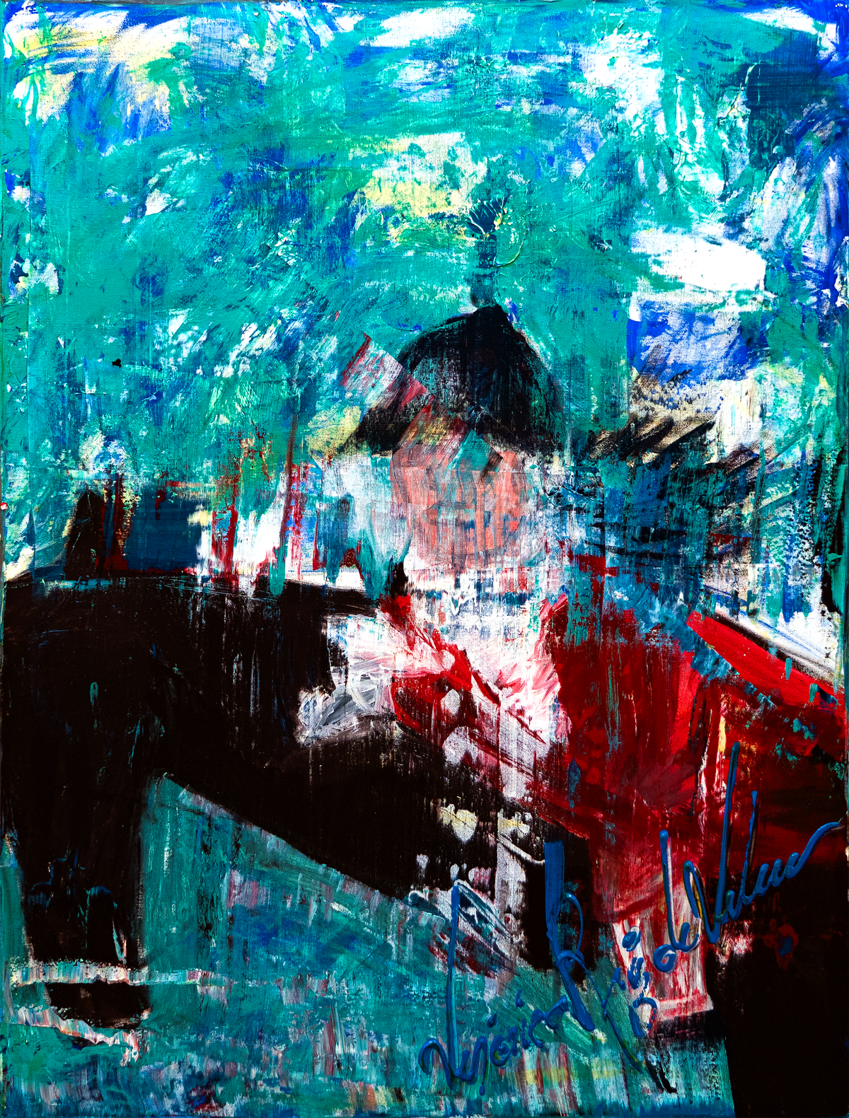 Name me — by Veronica Ruiz de Velasco: a dark gabled shape and silhouettes with red passages against a turquoise and teal wash