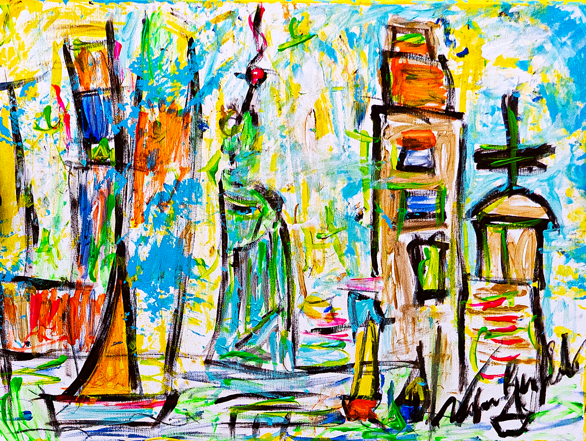 New York — by Veronica Ruiz de Velasco: black-outlined towers, a domed tower with a cross and a sailboat on sunflower yellow and cyan