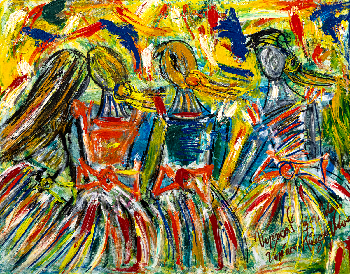 Over — by Veronica Ruiz de Velasco: three long-beaked masked figures in fringed orange and crimson skirts on a hot yellow ground