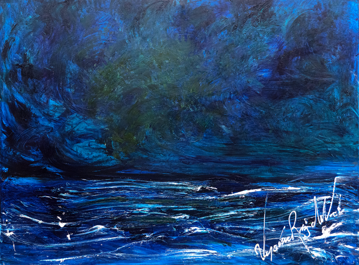 Paml's Ocean — by Veronica Ruiz de Velasco: indigo and midnight-blue storm clouds over turbulent dark water