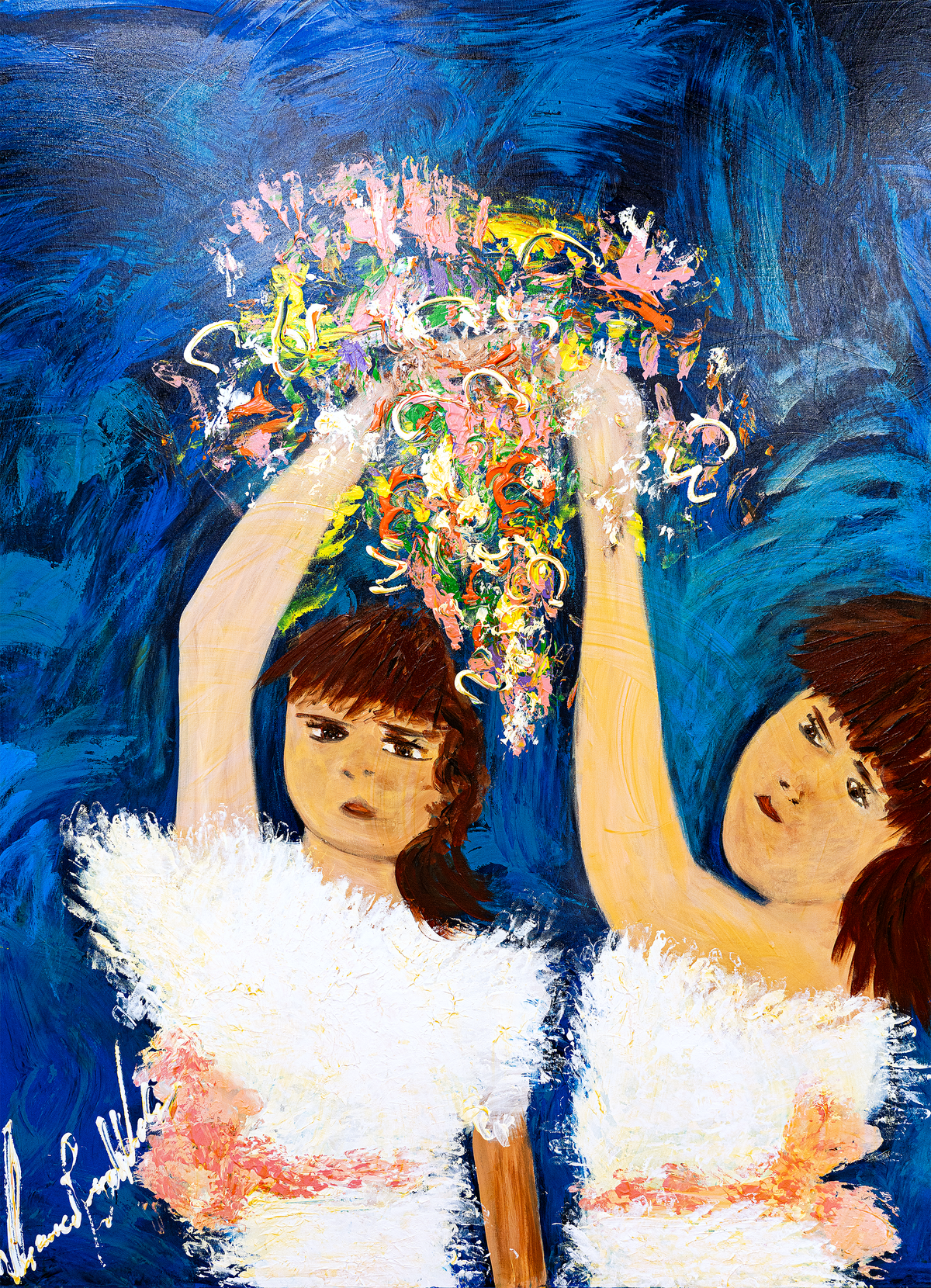 Pat and Vero — by Veronica Ruiz de Velasco: two young women in white feathered tops raising a burst of colorful blossoms against swirling cobalt