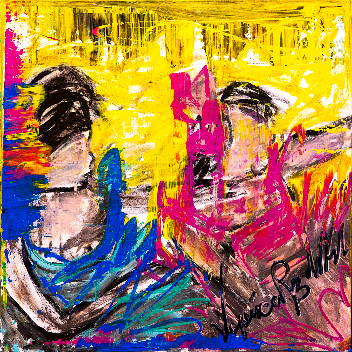 Paty Nena — by Veronica Ruiz de Velasco: two profiles facing each other in blue and teal and hot magenta on a blazing yellow ground
