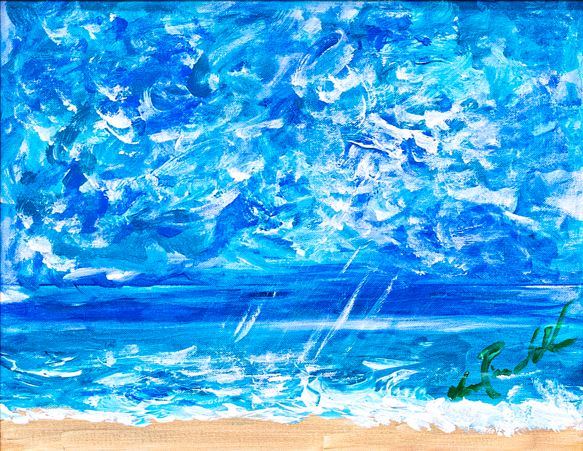 Peten Sea — by Veronica Ruiz de Velasco: a cobalt and turquoise sky over a band of open water and pale sand with white streaks like spray