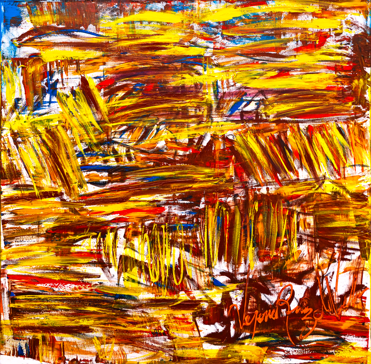 Relaxing Sunset — by Veronica Ruiz de Velasco: dense horizontal strokes of gold, ochre and burgundy with flashes of cobalt and red