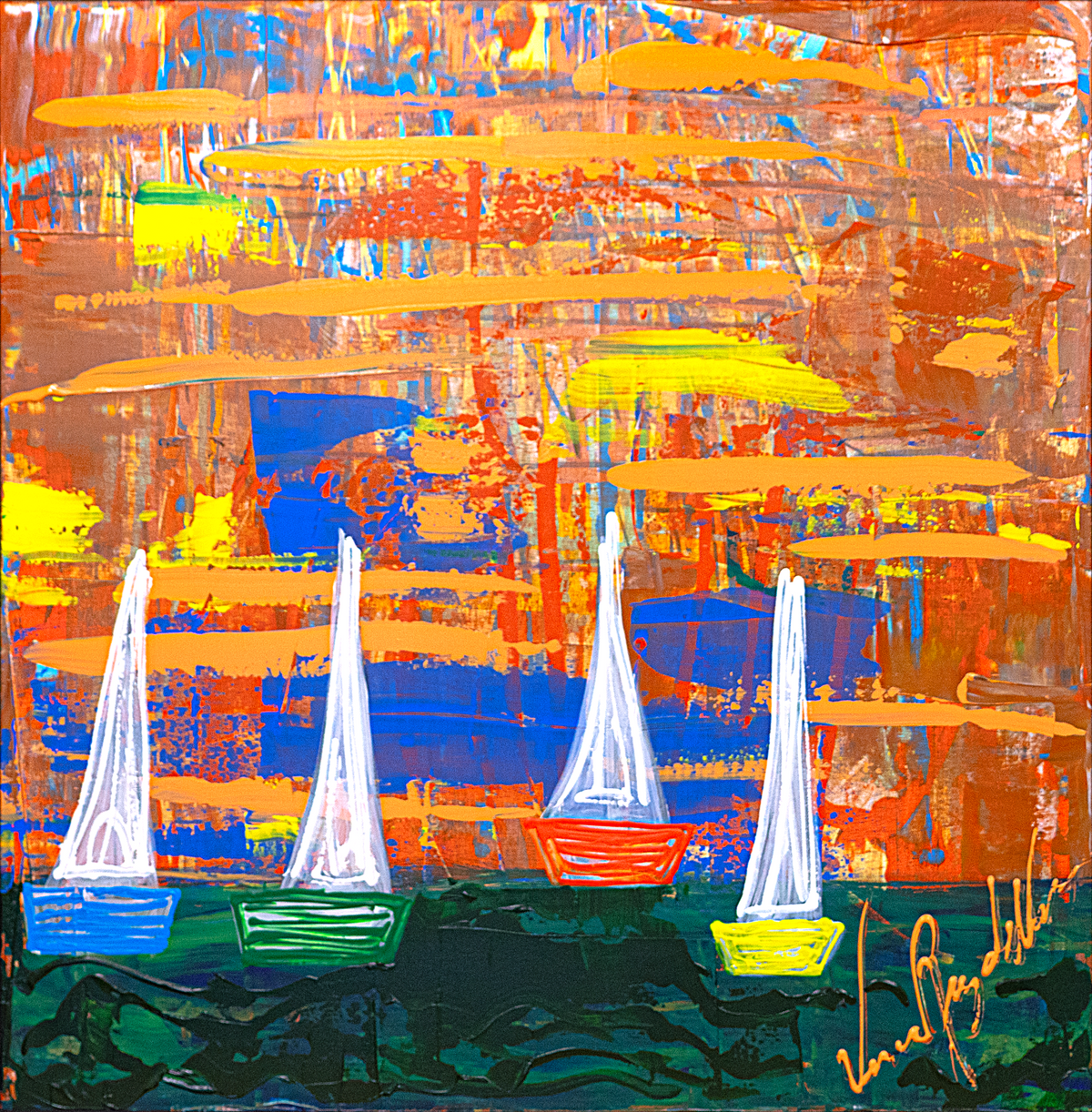 Sailing — by Veronica Ruiz de Velasco: four sailboats with white sails on teal-green water before amber, orange and cobalt brushstrokes