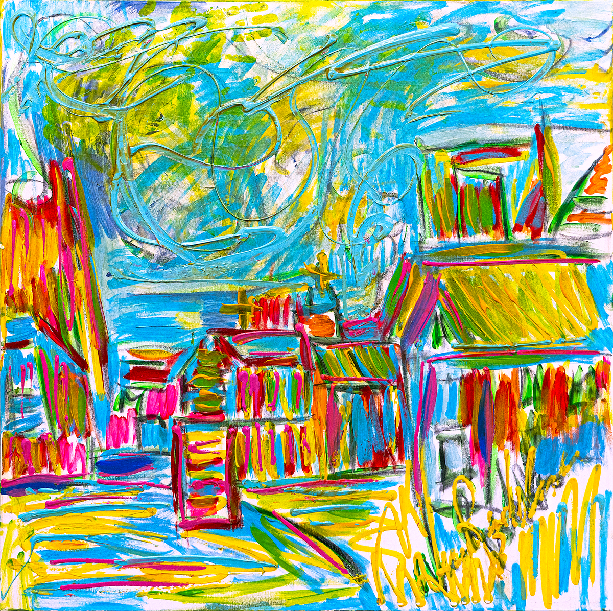 Sugar Town — by Veronica Ruiz de Velasco: a row of gabled cottages in magenta, marigold and red strokes beneath a looping turquoise line