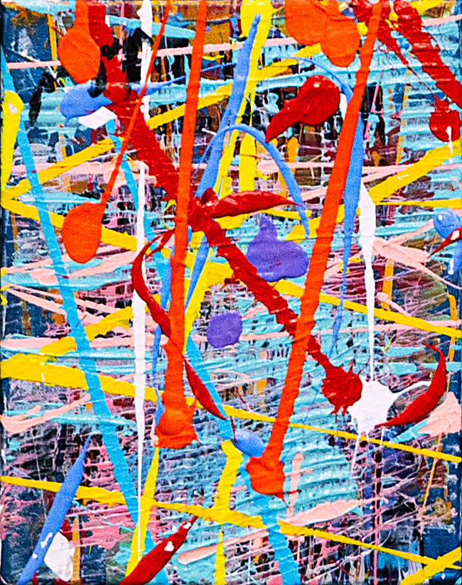 Summer Time 1 — by Veronica Ruiz de Velasco: a turquoise crosshatched lattice with red and burnt-orange drips and yellow slashes