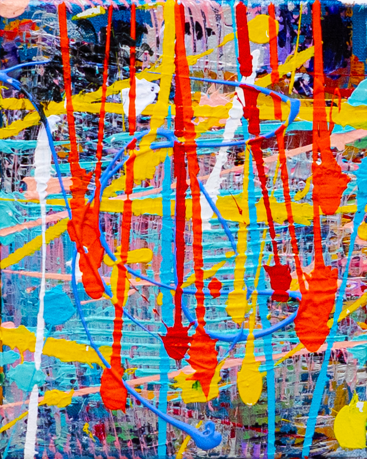 Summer Time 2 — by Veronica Ruiz de Velasco: a pale blue looping line and red-orange and yellow drips over turquoise and salmon strokes
