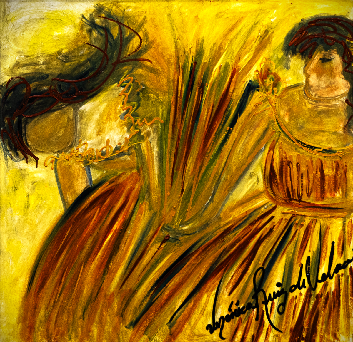 Sunset Dancer — by Veronica Ruiz de Velasco: two figures in ruffled full skirts in a field of molten gold and amber with dark hair swept sideways