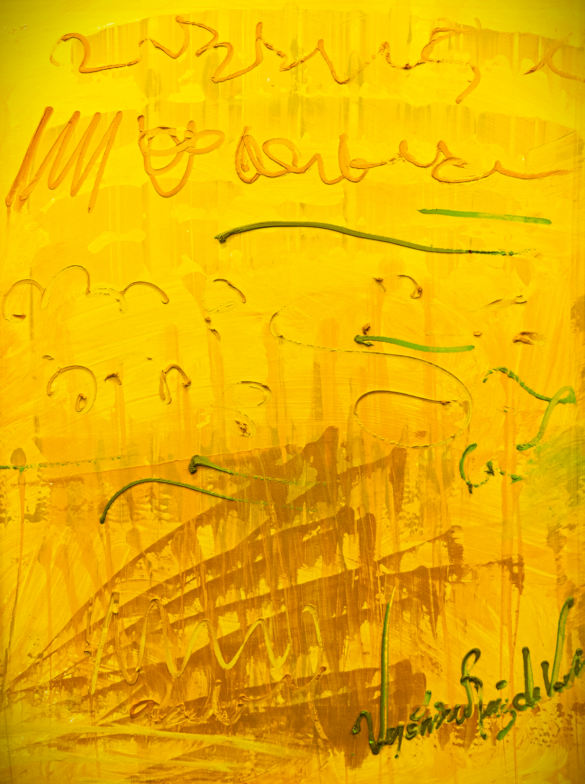 Sunshine — by Veronica Ruiz de Velasco: a yellow canvas with loose calligraphic marks in ochre and burnt orange
