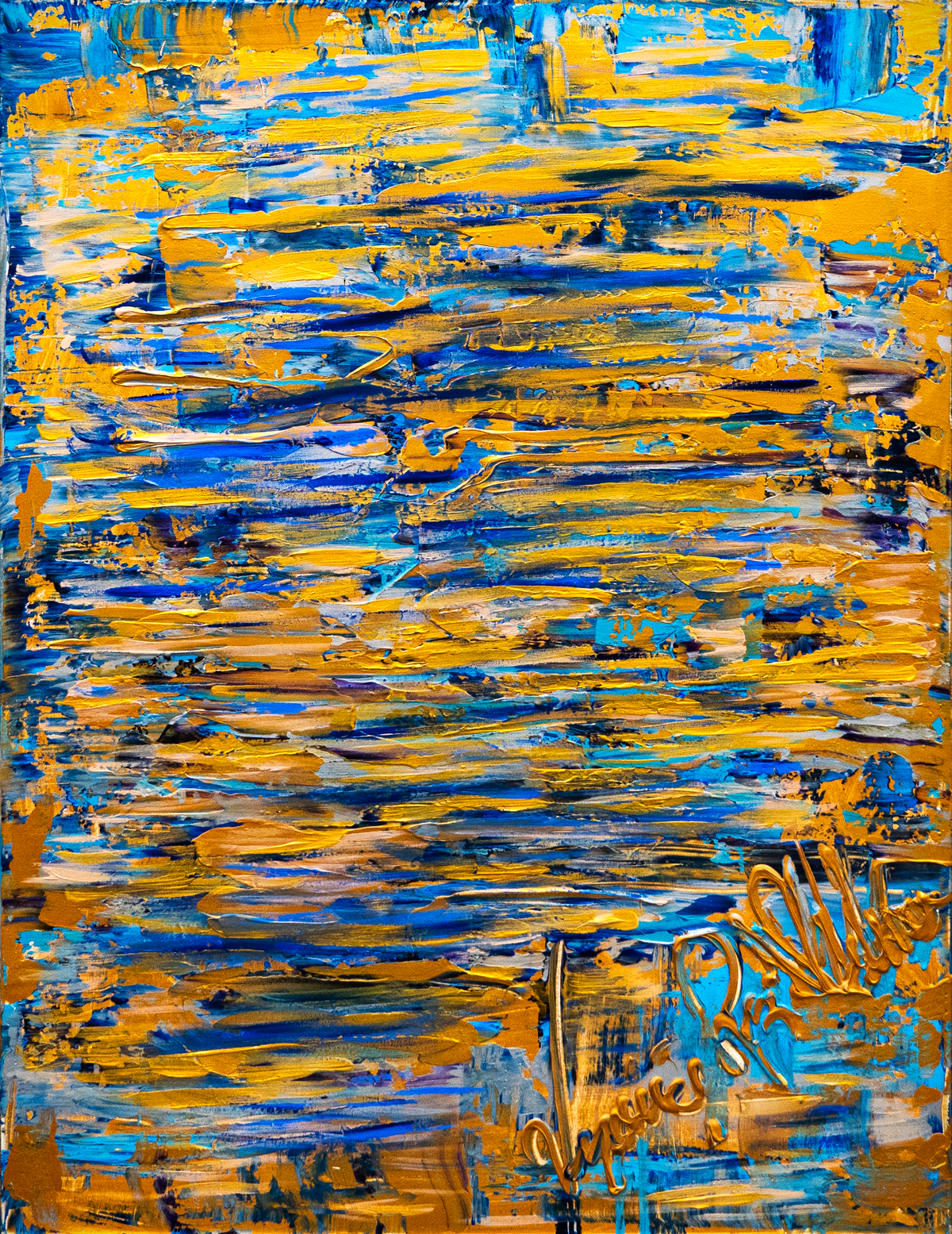 Thinking in blue — by Veronica Ruiz de Velasco: stacked horizontal palette-knife bands of cobalt blue and gold suggesting light on water