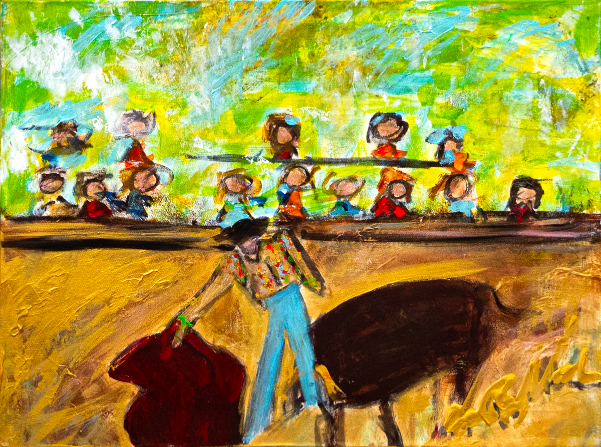 Toros — by Veronica Ruiz de Velasco: a matador with a crimson cape facing a dark bull before spectators in sun hats