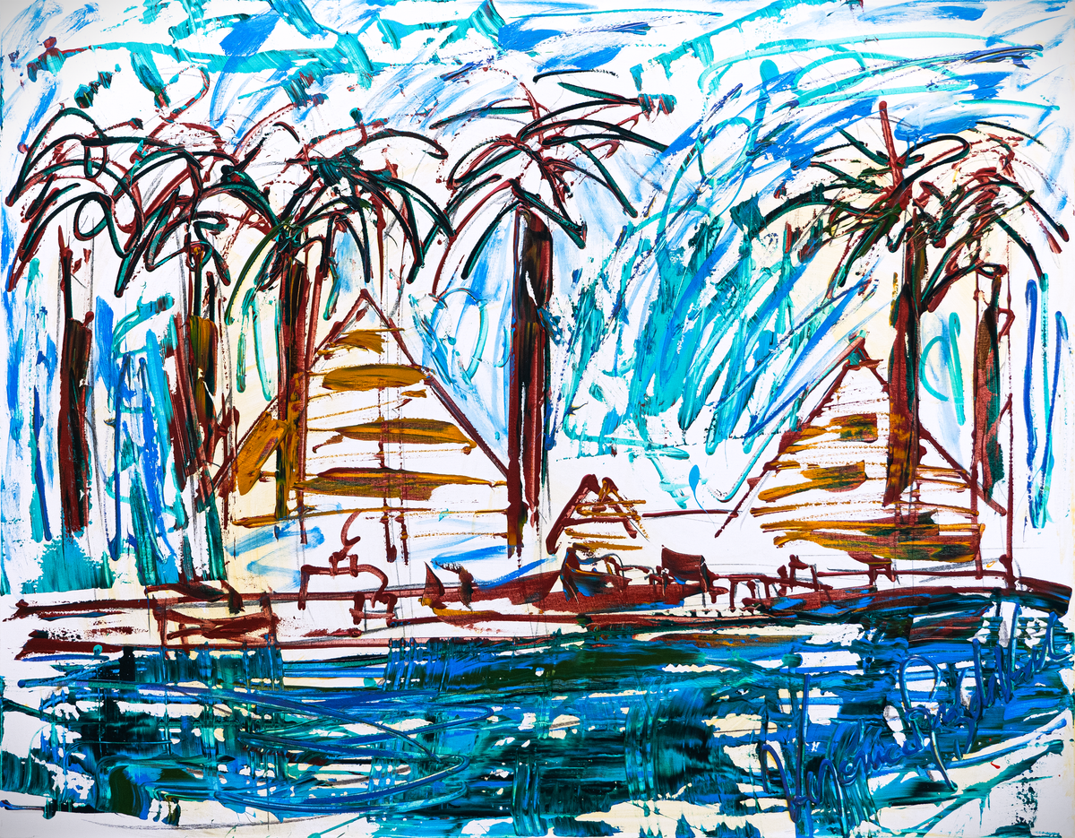 Traveling to Egipt — by Veronica Ruiz de Velasco: maroon-trunked palm trees over pyramid shapes and sailing boats on turquoise water