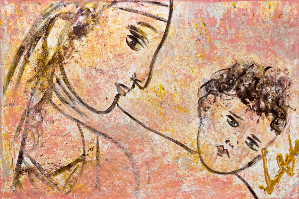 Virgin Mary and Baby Jesus — by Veronica Ruiz de Velasco: a mother and child in profile, foreheads nearly touching, in loose line work over coral and gold