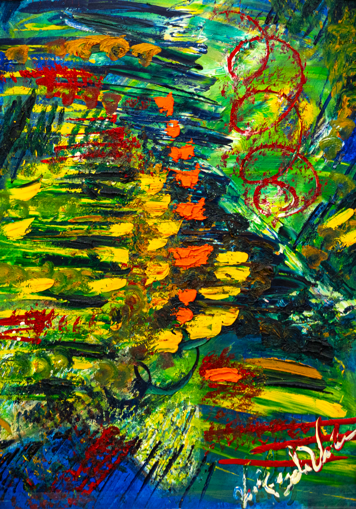 Wera — by Veronica Ruiz de Velasco: deep green and cobalt blue layers with red loops and a vertical run of orange dabs