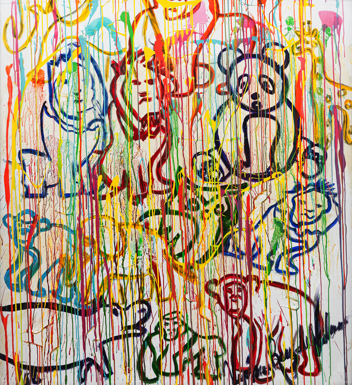 Wonderful Animals — by Veronica Ruiz de Velasco: animal faces including a panda outlined beneath curtains of colorful vertical drips on ivory