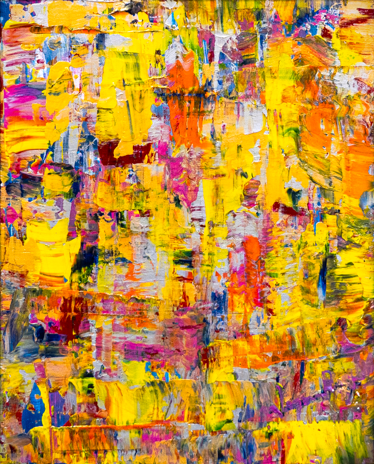 World Window — by Veronica Ruiz de Velasco: a dense palette-knife field of gold and ochre with flashes of orange, magenta and blue