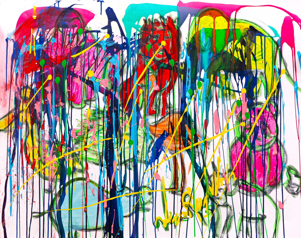 Zoo — by Veronica Ruiz de Velasco: loose animal forms in red, pink and orange behind curtains of colorful vertical drips